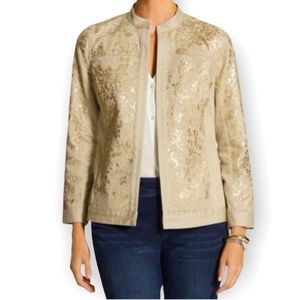 Chico’s Platinum Gold Shimmer Lace Khaki Jean Jacket, size 1 (Medium/ 8)